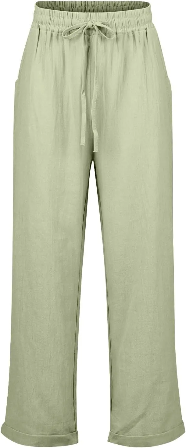2024 Linen Crop Pants for Women Casual Summer Drawstring High Waisted Joggers with Pockets Straight Leg Cropped Pants