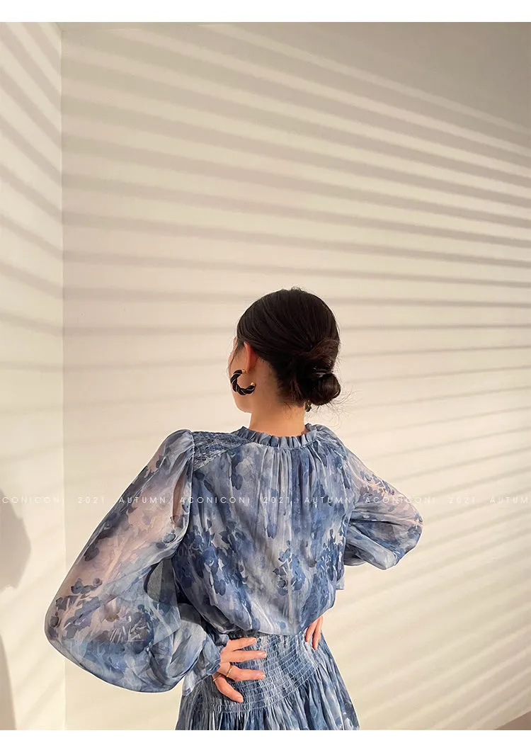 Aconiconi｜French  elegant blue print spring summer dress - hiju