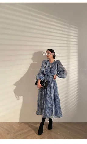 Aconiconi｜French  elegant blue print spring summer dress - hiju