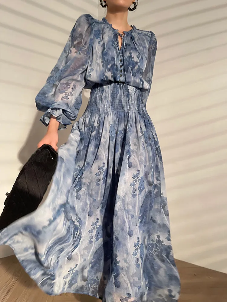 Aconiconi｜French  elegant blue print spring summer dress - hiju