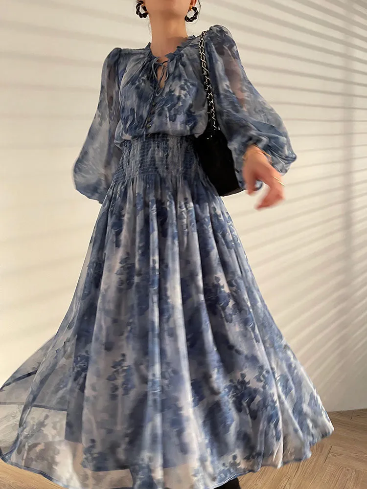 Aconiconi｜French  elegant blue print spring summer dress - hiju