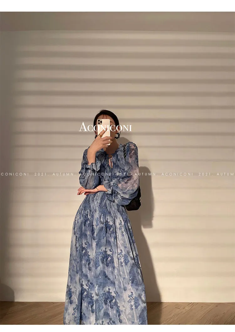 Aconiconi｜French  elegant blue print spring summer dress - hiju