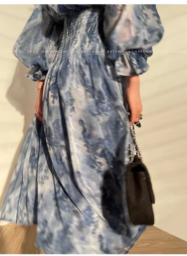 Aconiconi｜French  elegant blue print spring summer dress - hiju