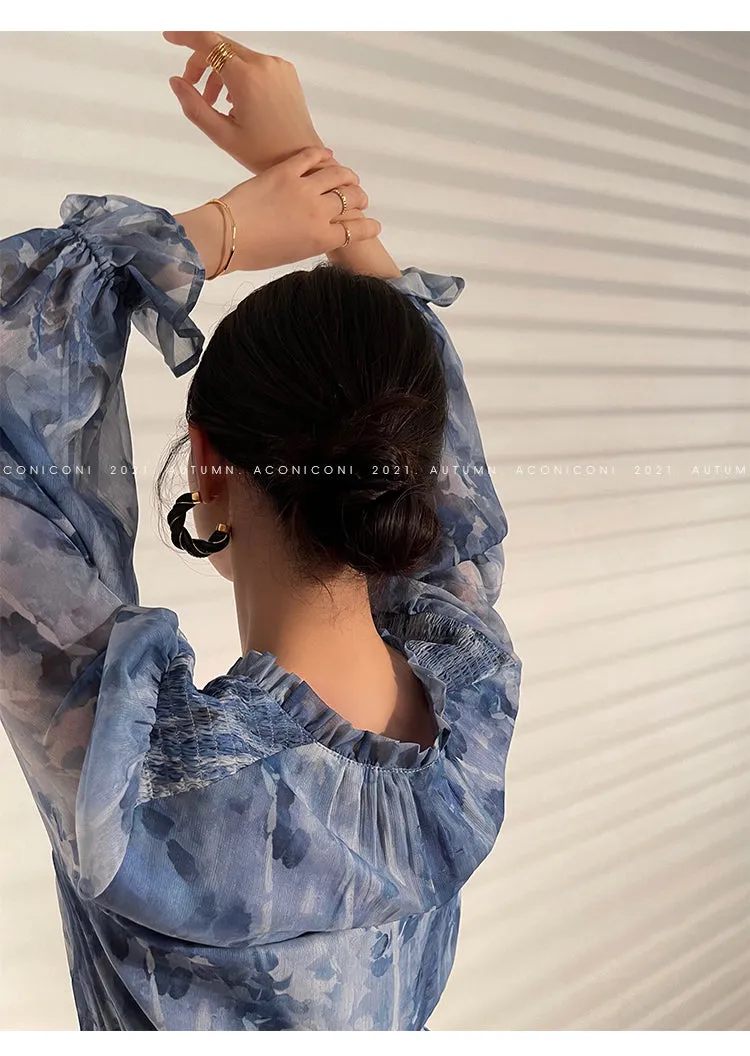 Aconiconi｜French  elegant blue print spring summer dress - hiju