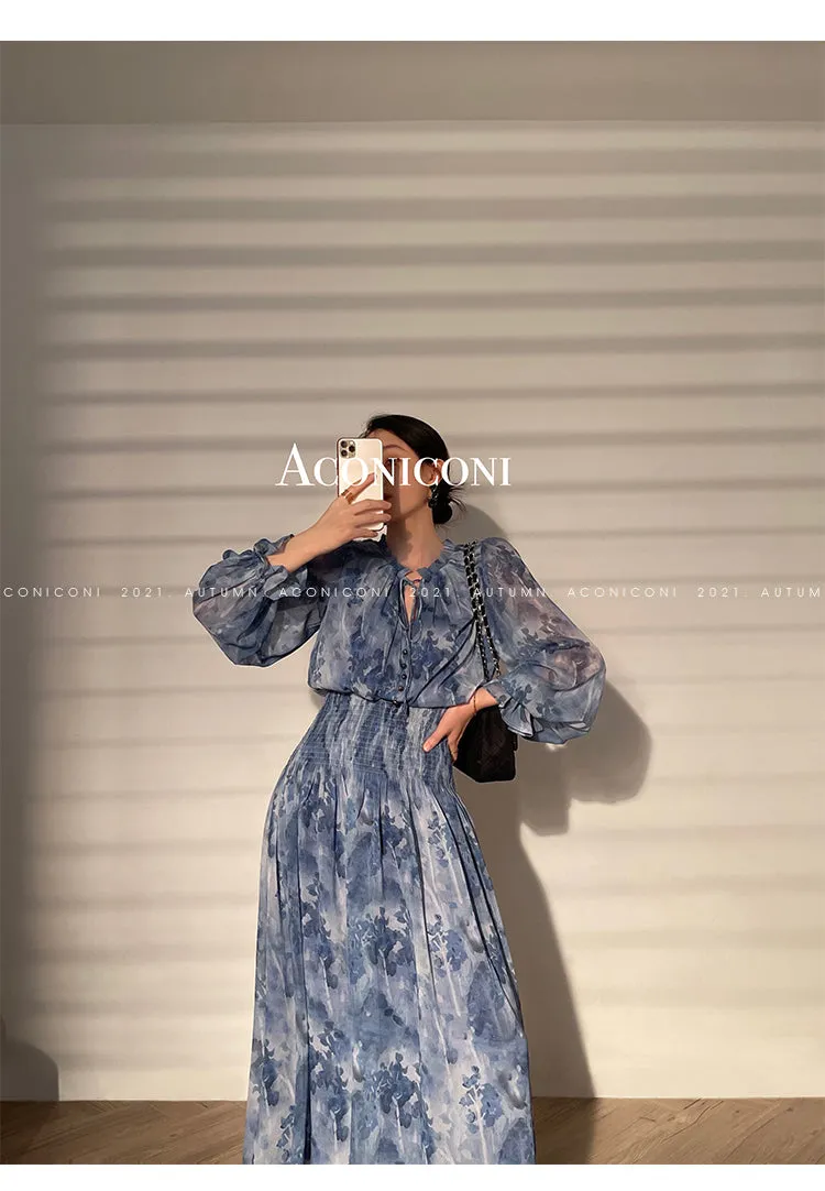 Aconiconi｜French  elegant blue print spring summer dress - hiju