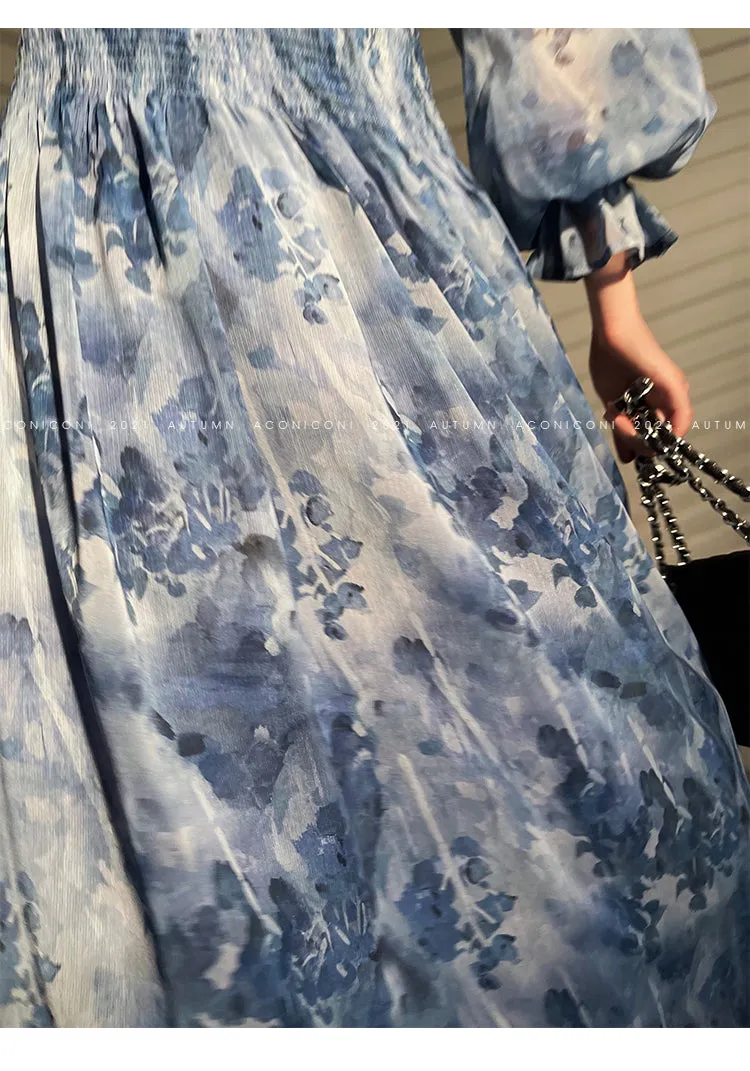 Aconiconi｜French  elegant blue print spring summer dress - hiju