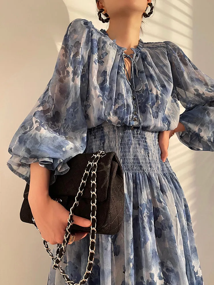 Aconiconi｜French  elegant blue print spring summer dress - hiju