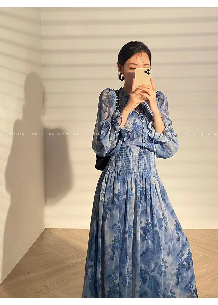 Aconiconi｜French  elegant blue print spring summer dress - hiju