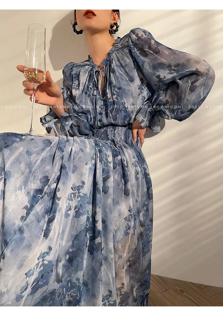 Aconiconi｜French  elegant blue print spring summer dress - hiju