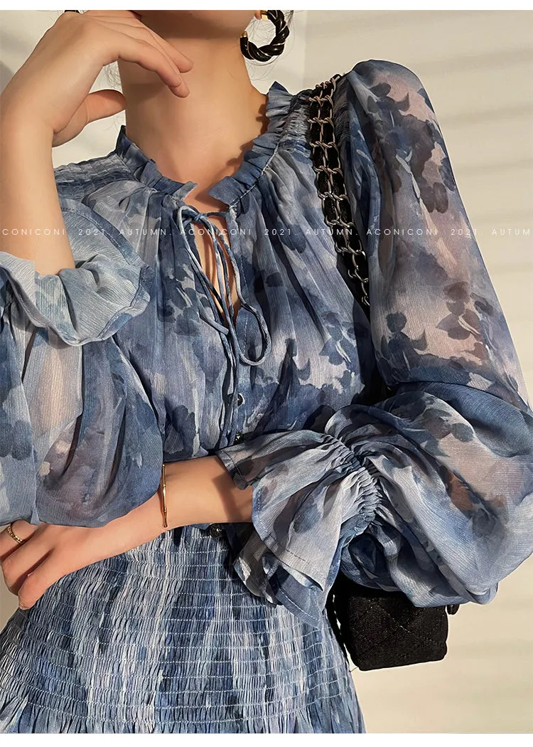 Aconiconi｜French  elegant blue print spring summer dress - hiju