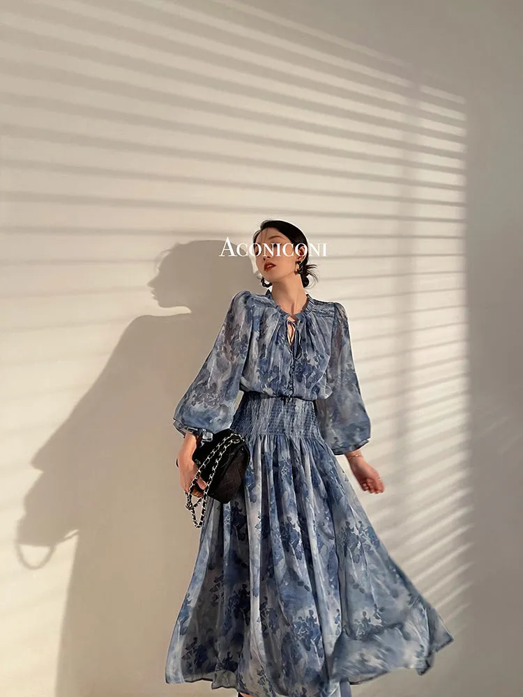 Aconiconi｜French  elegant blue print spring summer dress - hiju