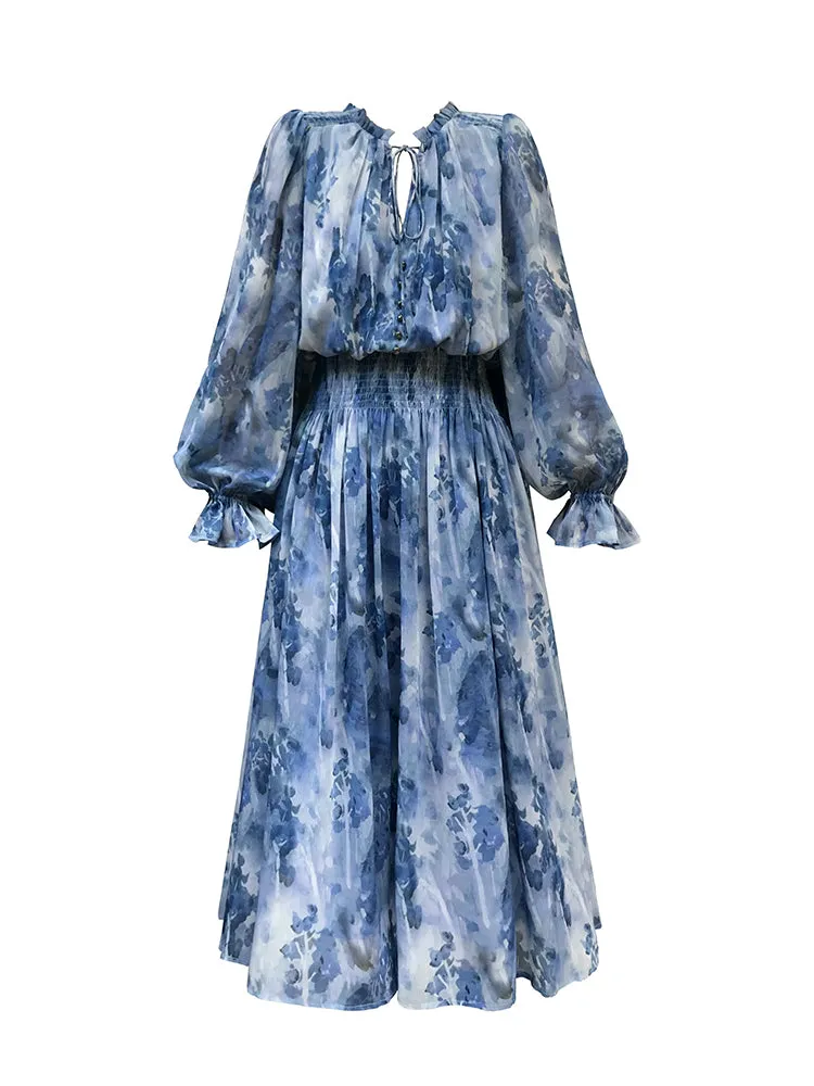 Aconiconi｜French  elegant blue print spring summer dress - hiju