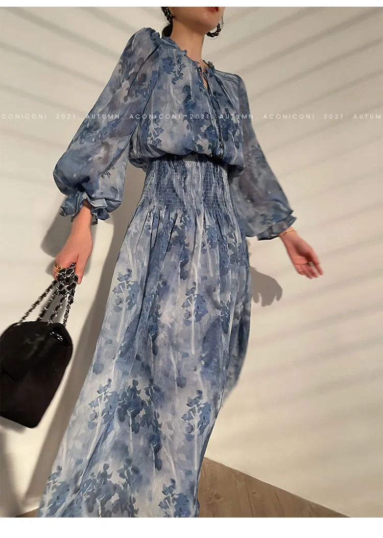Aconiconi｜French  elegant blue print spring summer dress - hiju