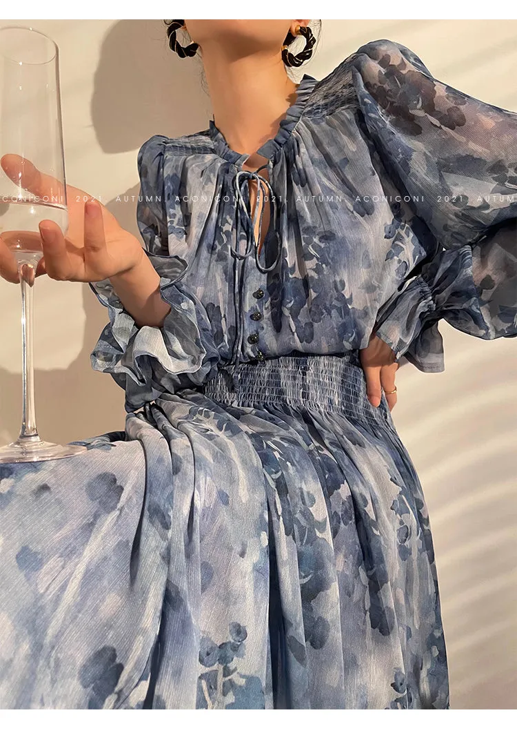 Aconiconi｜French  elegant blue print spring summer dress - hiju