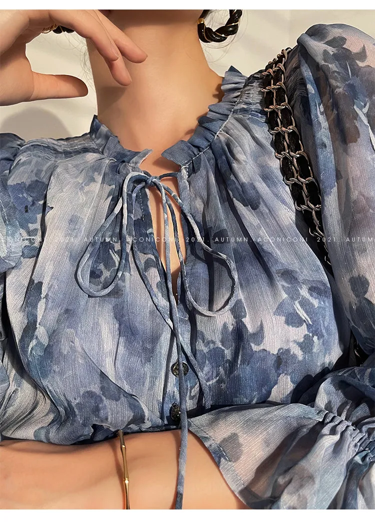 Aconiconi｜French  elegant blue print spring summer dress - hiju