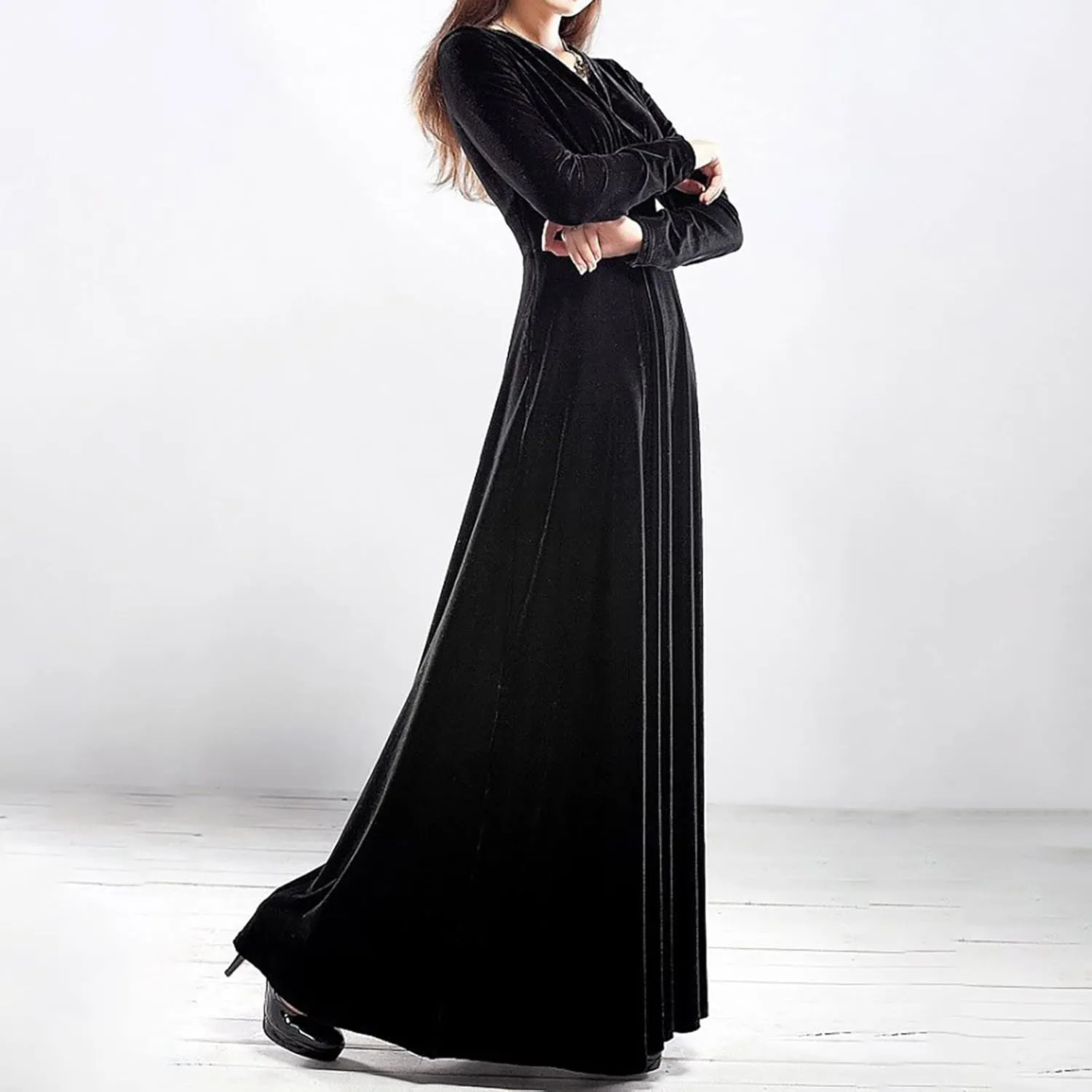 ADHOWBEW Velvet Dress for Women Elegant Long Sleeve Maxi Dress Flowy V Neck Formal Long Prom Dress