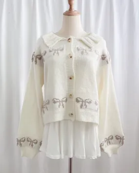 Angelina Ribbon Bows Button Up Cardigan w/ Peter Pan Collar