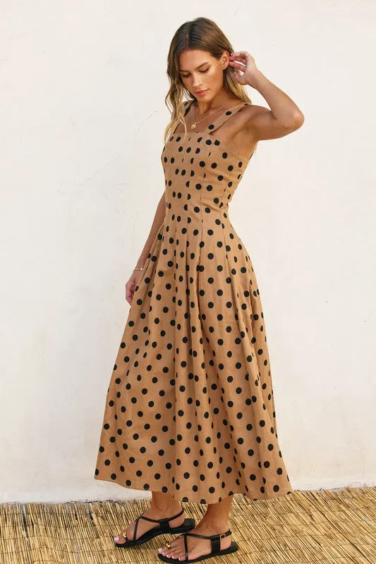 Angelina Sleeveless Polka Dot Print Maxi Dress Taupe