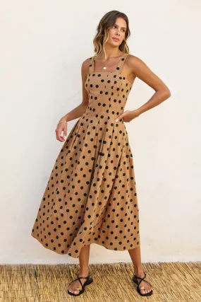 Angelina Sleeveless Polka Dot Print Maxi Dress Taupe