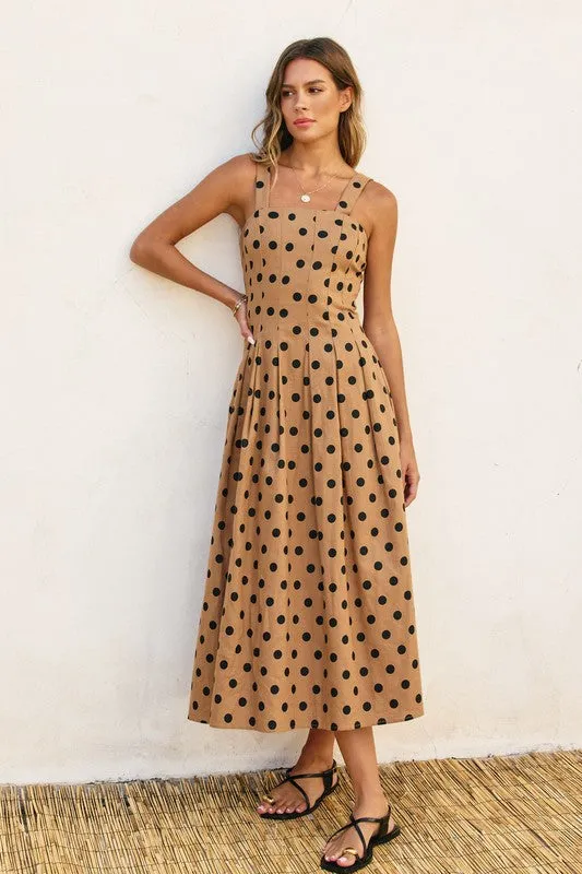Angelina Sleeveless Polka Dot Print Maxi Dress Taupe