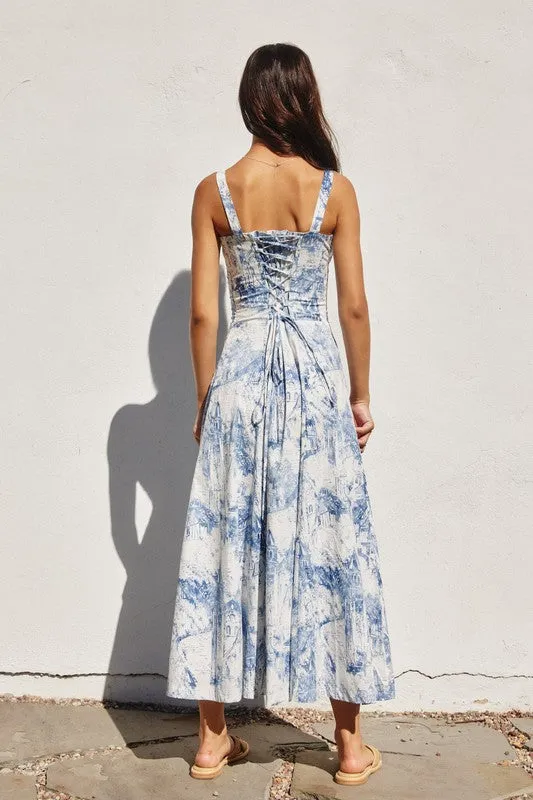 Beatrice Sleeveless Printed Corset Midi Dress Blue