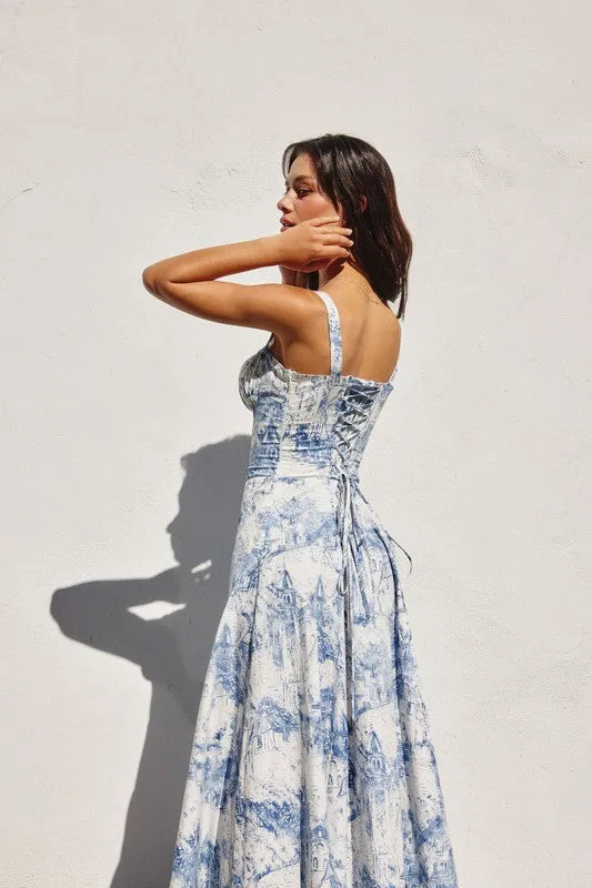 Beatrice Sleeveless Printed Corset Midi Dress Blue