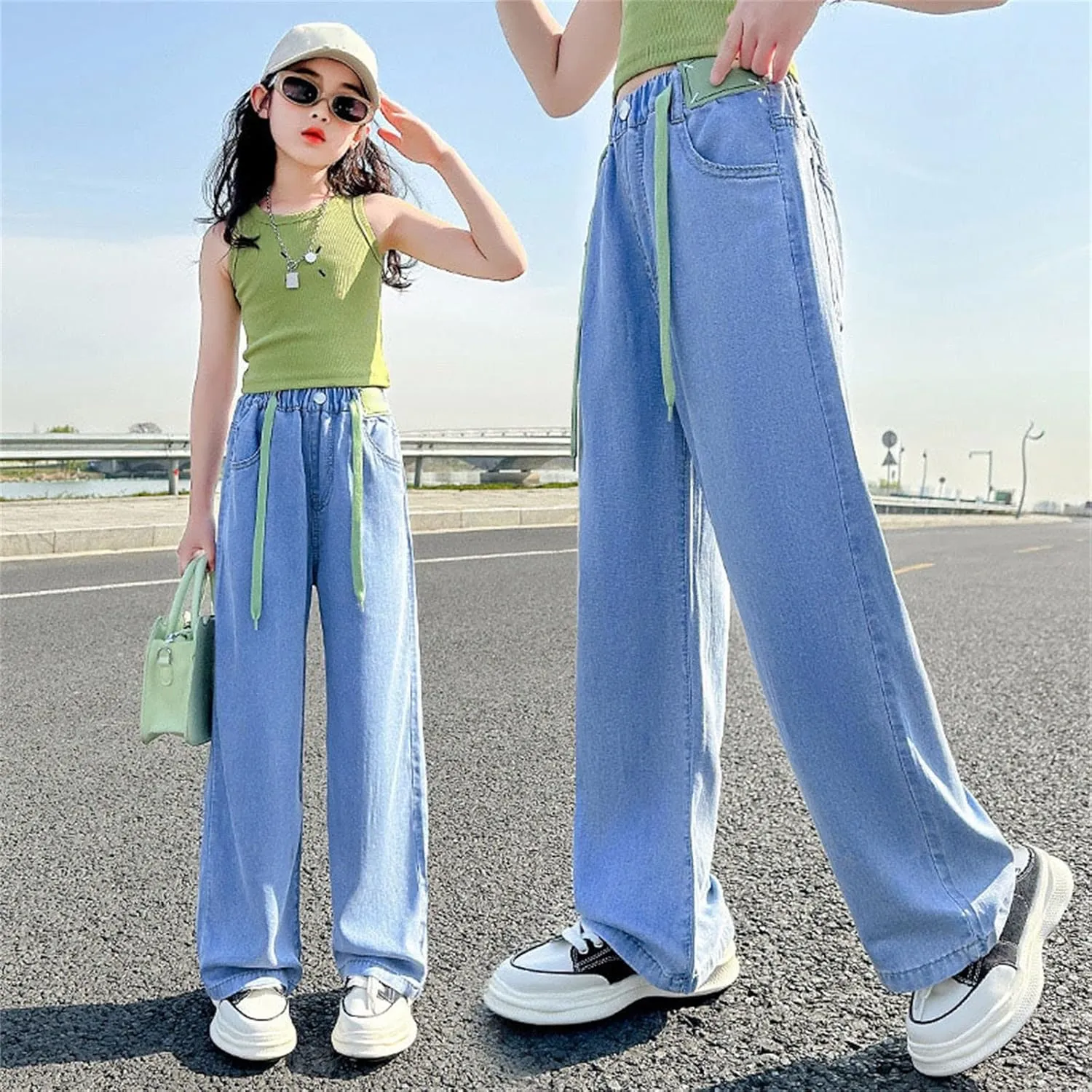 Big Kids Girls' Elestic Waisted Denim Jeans Pants Drawstring Jeans Daily Wearing Thin Casual Pants Vintage Jeans