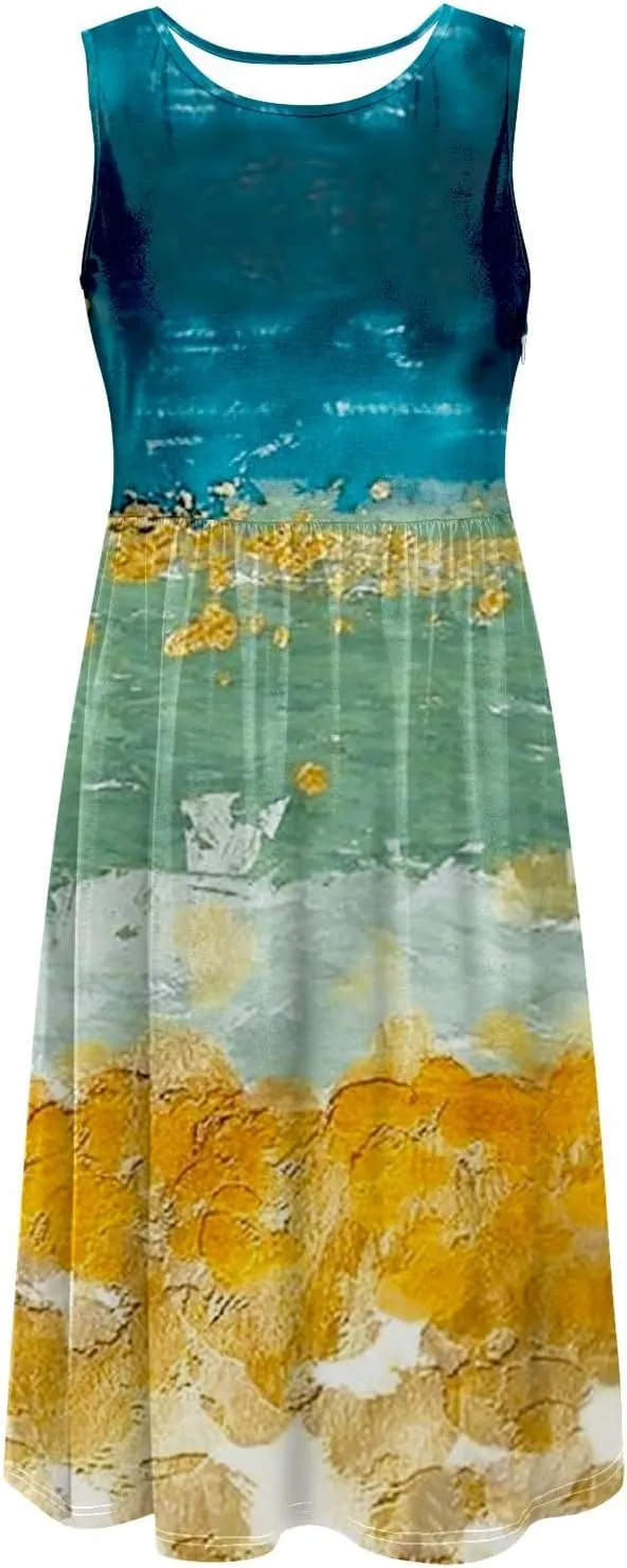 Boho Dress for Women Women's Spring/Summer Flower Printed Casual Tank Top Pockets Beach Casual Dress 100 Linen Dress