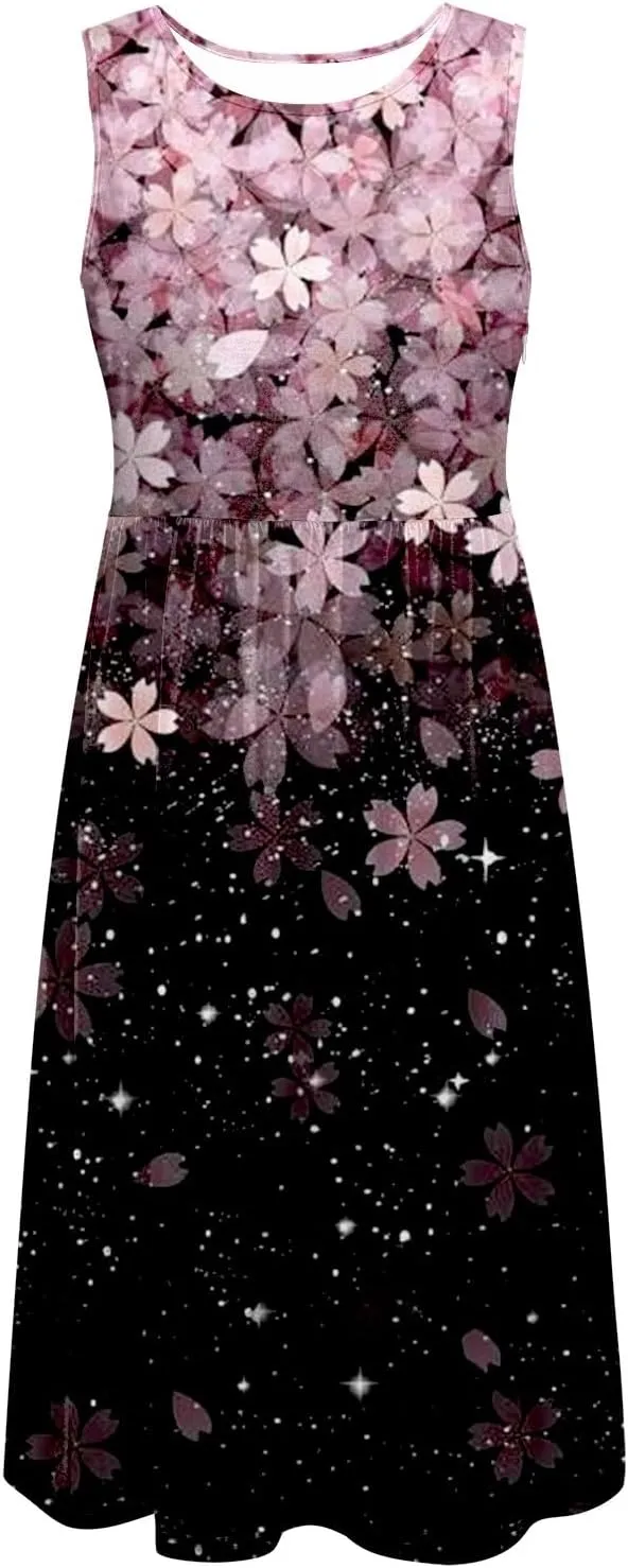 Boho Dress for Women Women's Spring/Summer Flower Printed Casual Tank Top Pockets Beach Casual Dress 100 Linen Dress