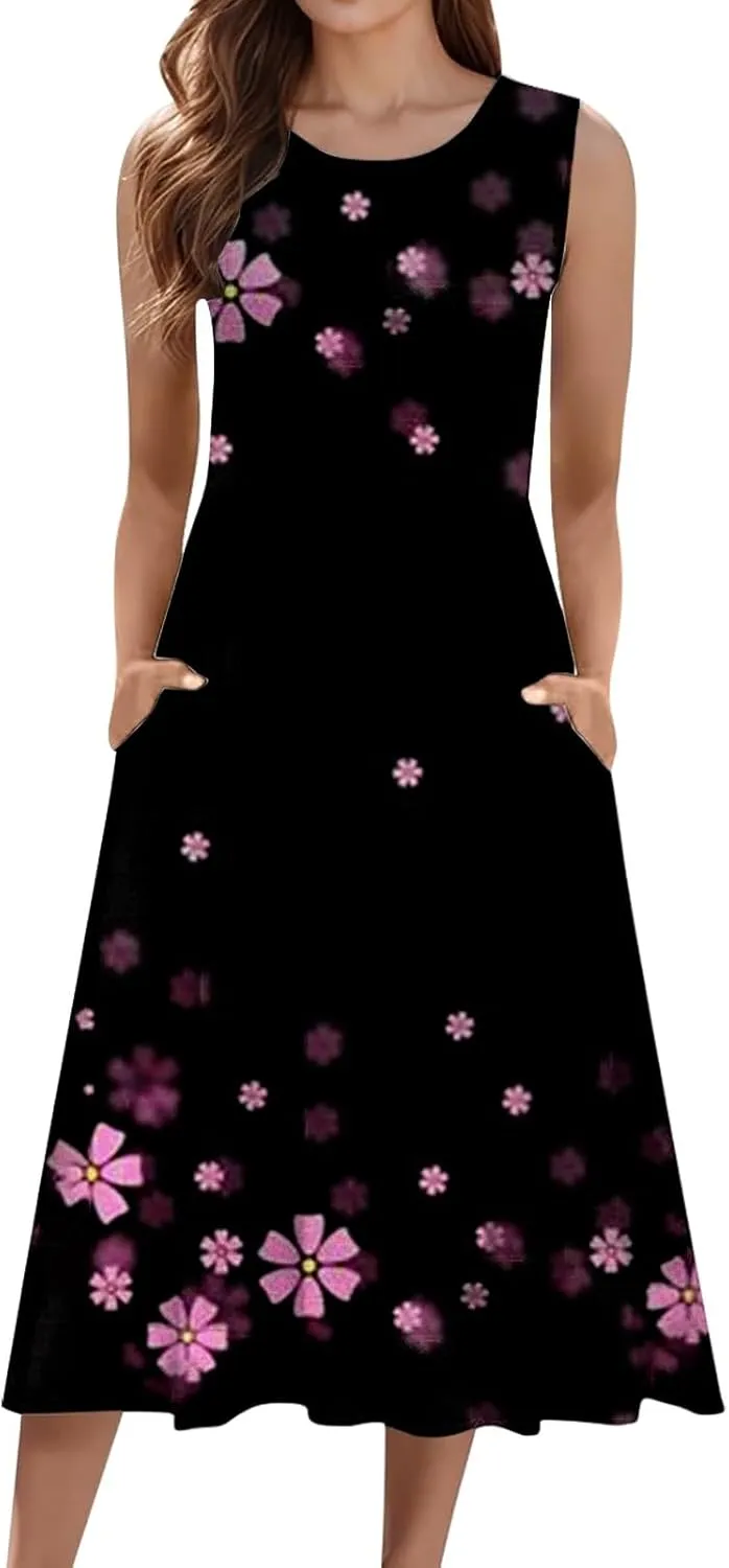 Boho Dress for Women Women's Spring/Summer Flower Printed Casual Tank Top Pockets Beach Casual Dress 100 Linen Dress