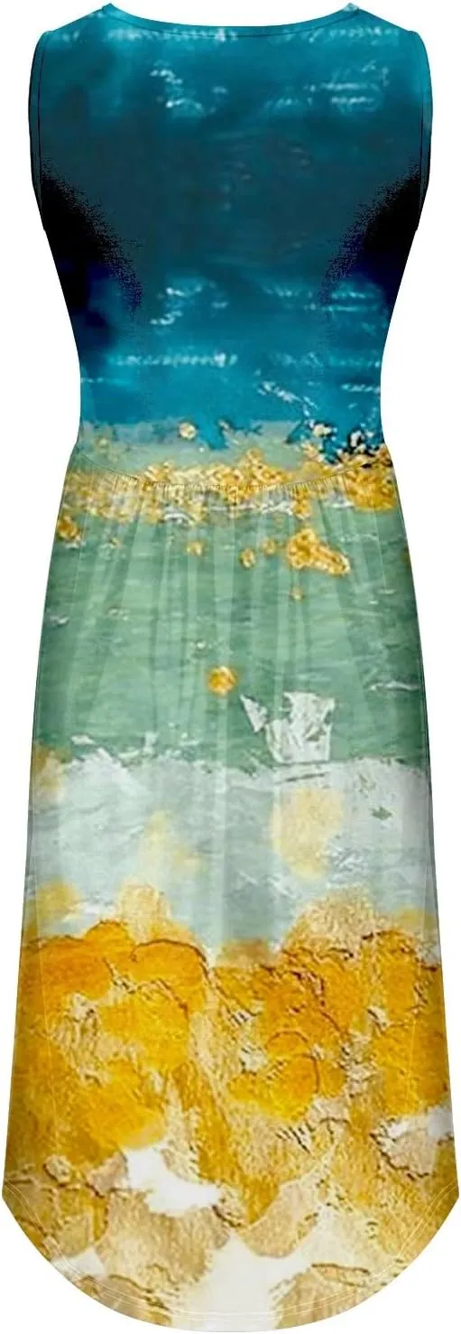 Boho Dress for Women Women's Spring/Summer Flower Printed Casual Tank Top Pockets Beach Casual Dress 100 Linen Dress