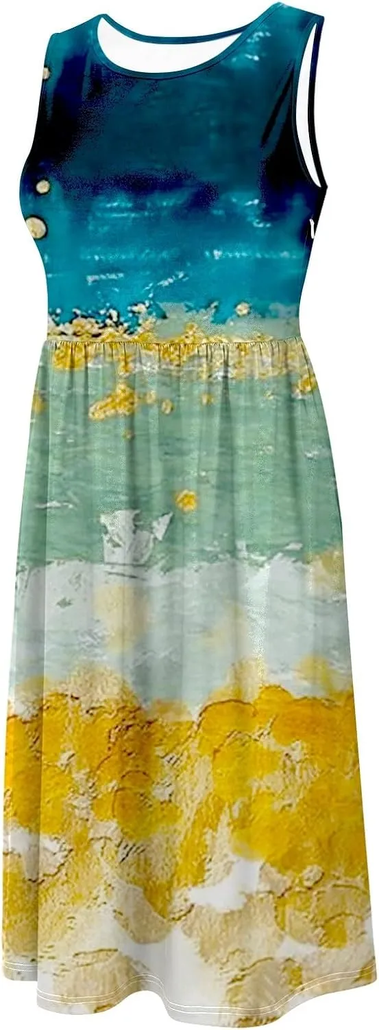 Boho Dress for Women Women's Spring/Summer Flower Printed Casual Tank Top Pockets Beach Casual Dress 100 Linen Dress