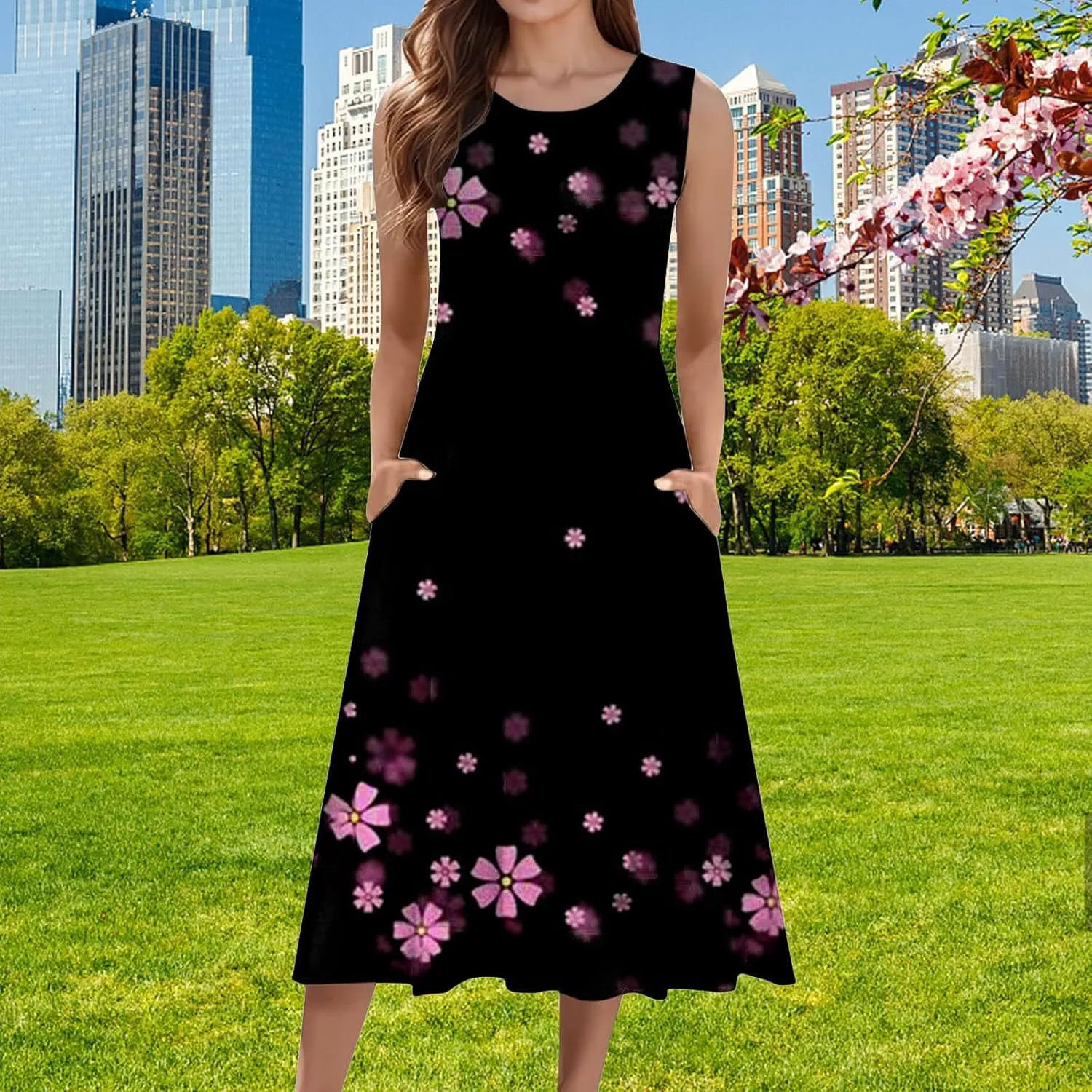 Boho Dress for Women Women's Spring/Summer Flower Printed Casual Tank Top Pockets Beach Casual Dress 100 Linen Dress