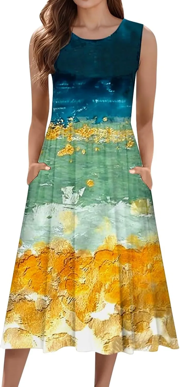 Boho Dress for Women Women's Spring/Summer Flower Printed Casual Tank Top Pockets Beach Casual Dress 100 Linen Dress