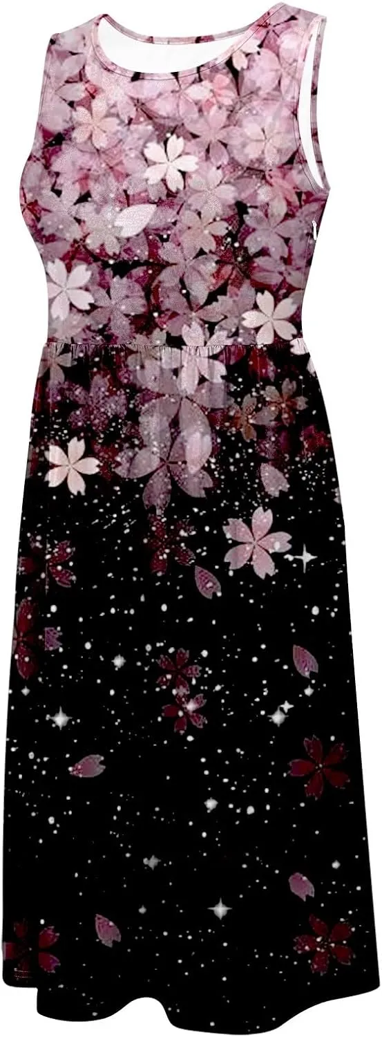 Boho Dress for Women Women's Spring/Summer Flower Printed Casual Tank Top Pockets Beach Casual Dress 100 Linen Dress