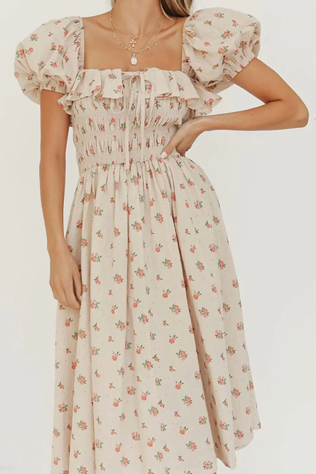 Boho Midi Dress, Off  Shoulder Smocked Dress, Pink Foxolove