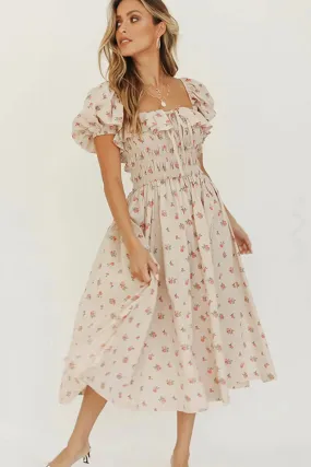 Boho Midi Dress, Off  Shoulder Smocked Dress, Pink Foxolove