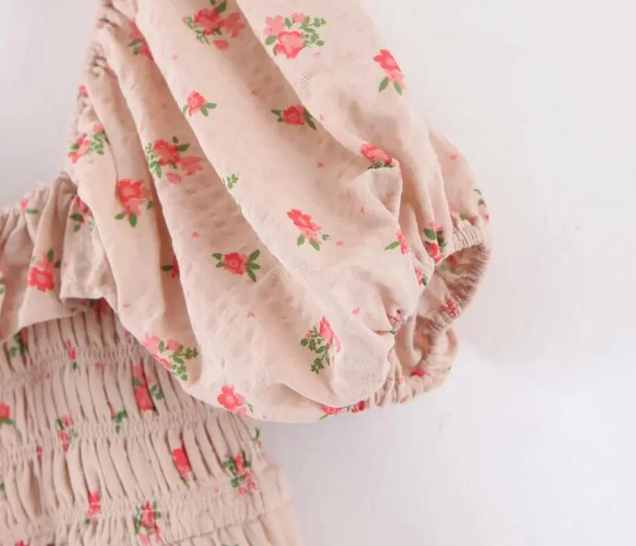 Boho Midi Dress, Off  Shoulder Smocked Dress, Pink Foxolove