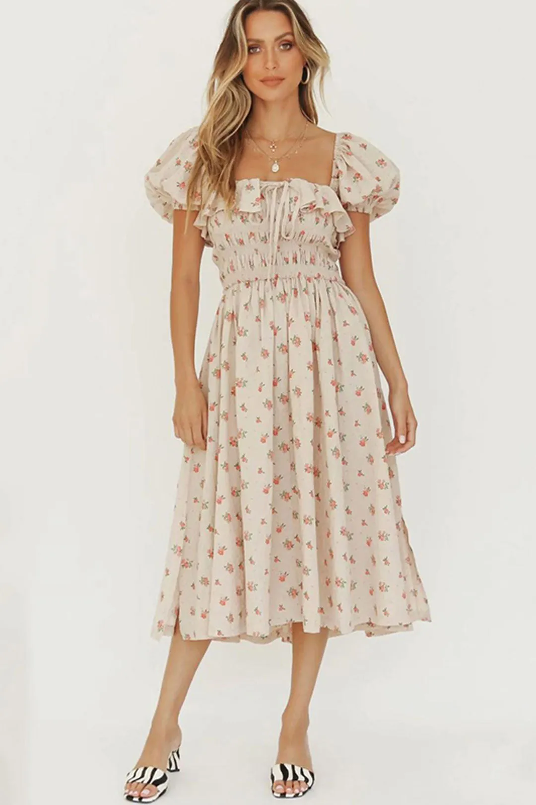 Boho Midi Dress, Off  Shoulder Smocked Dress, Pink Foxolove