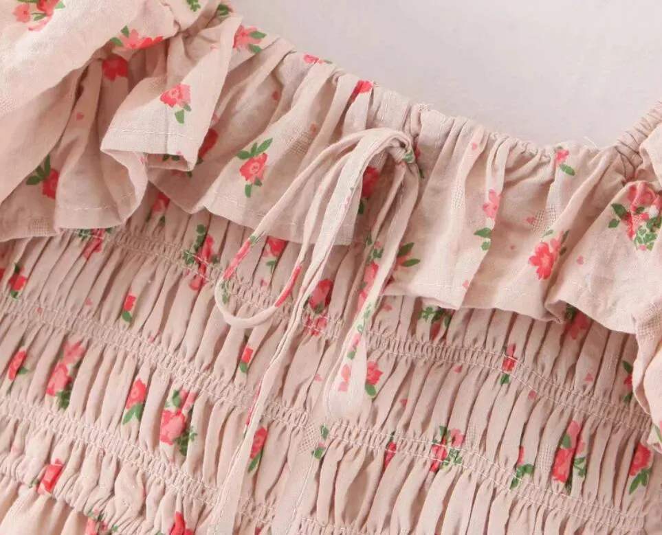Boho Midi Dress, Off  Shoulder Smocked Dress, Pink Foxolove