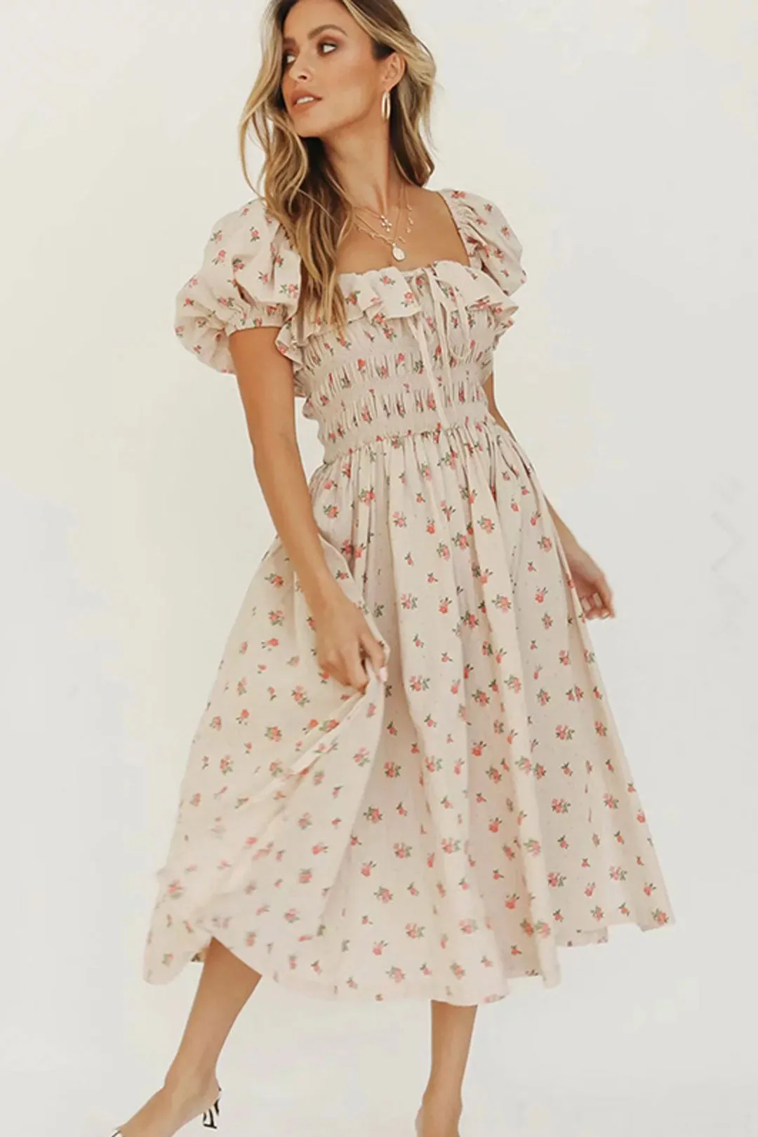 Boho Midi Dress, Off  Shoulder Smocked Dress, Pink Foxolove