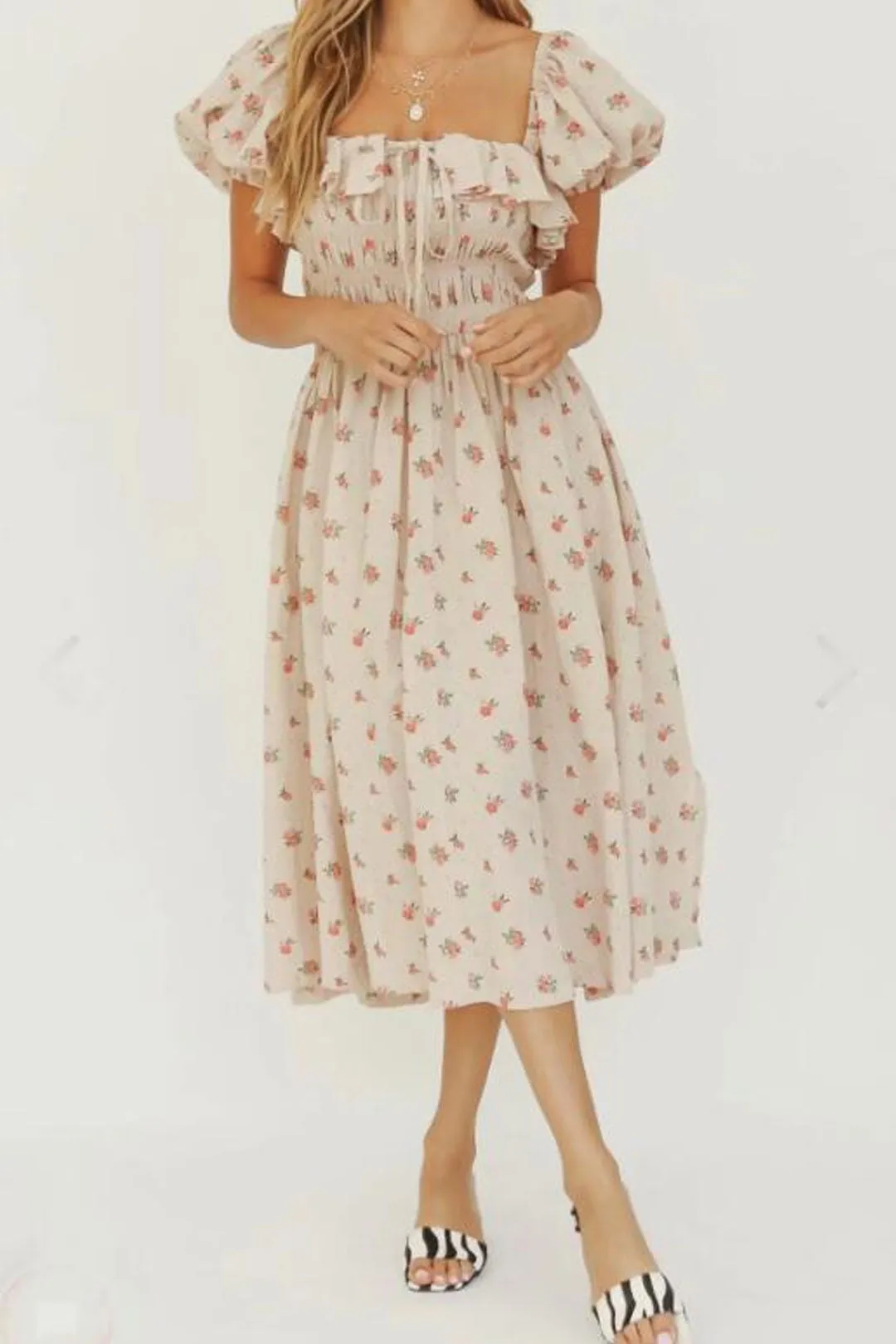 Boho Midi Dress, Off  Shoulder Smocked Dress, Pink Foxolove