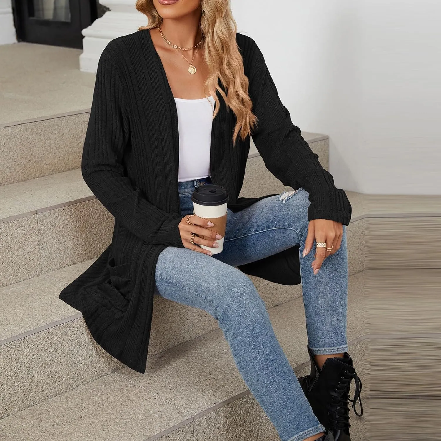 Cardigan Sweaters for Women 2024 Fall Open Front Knit Cardigan Breathable Soft Drape Duster Lightweight Ladies Coat