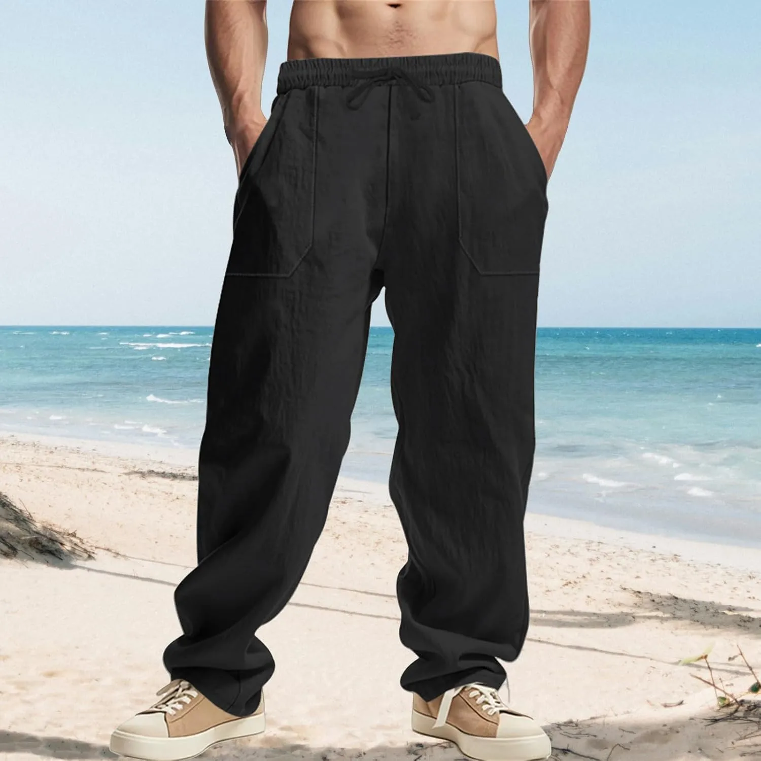 Casual Cotton Linen Pants for Men Elastic Drawstring Basic Pants Moisture Wicking Baggy Trousers Relaxed Fit Trousers