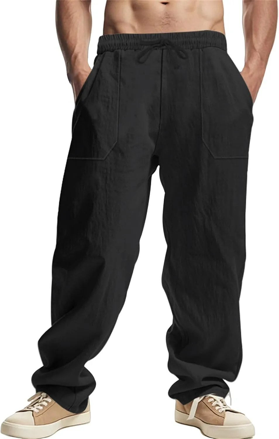 Casual Cotton Linen Pants for Men Elastic Drawstring Basic Pants Moisture Wicking Baggy Trousers Relaxed Fit Trousers