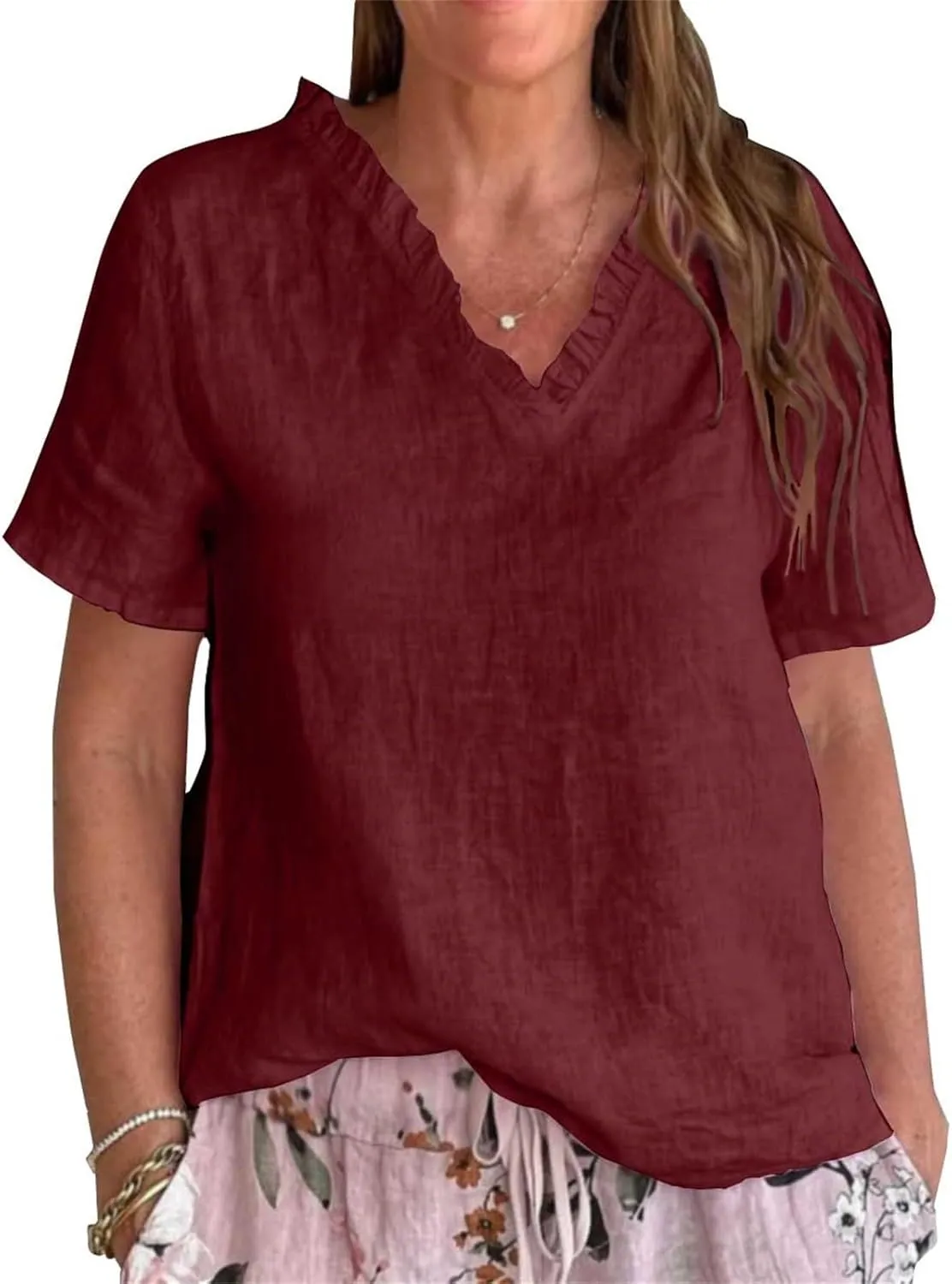 Casual Shirt for Women Washed Old Vneck Ruffled Short Sleeve Tshirts Breathable Cool Loose Fit Summer Tops Plus Size