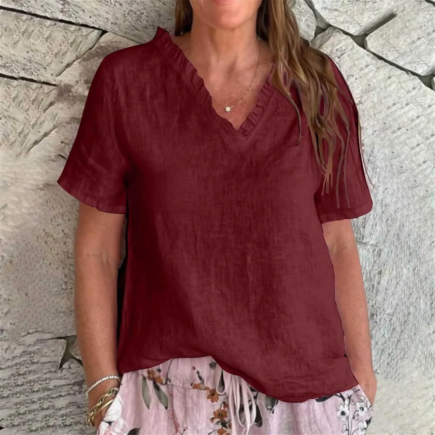 Casual Shirt for Women Washed Old Vneck Ruffled Short Sleeve Tshirts Breathable Cool Loose Fit Summer Tops Plus Size