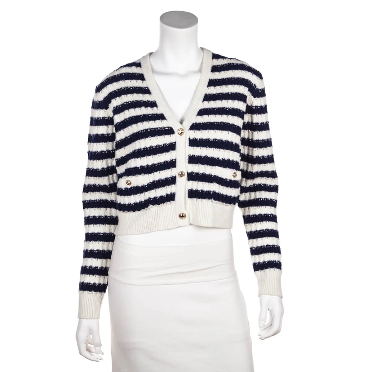 Chanel Blue & White Striped Cashmere Cardigan Size M | FR 40