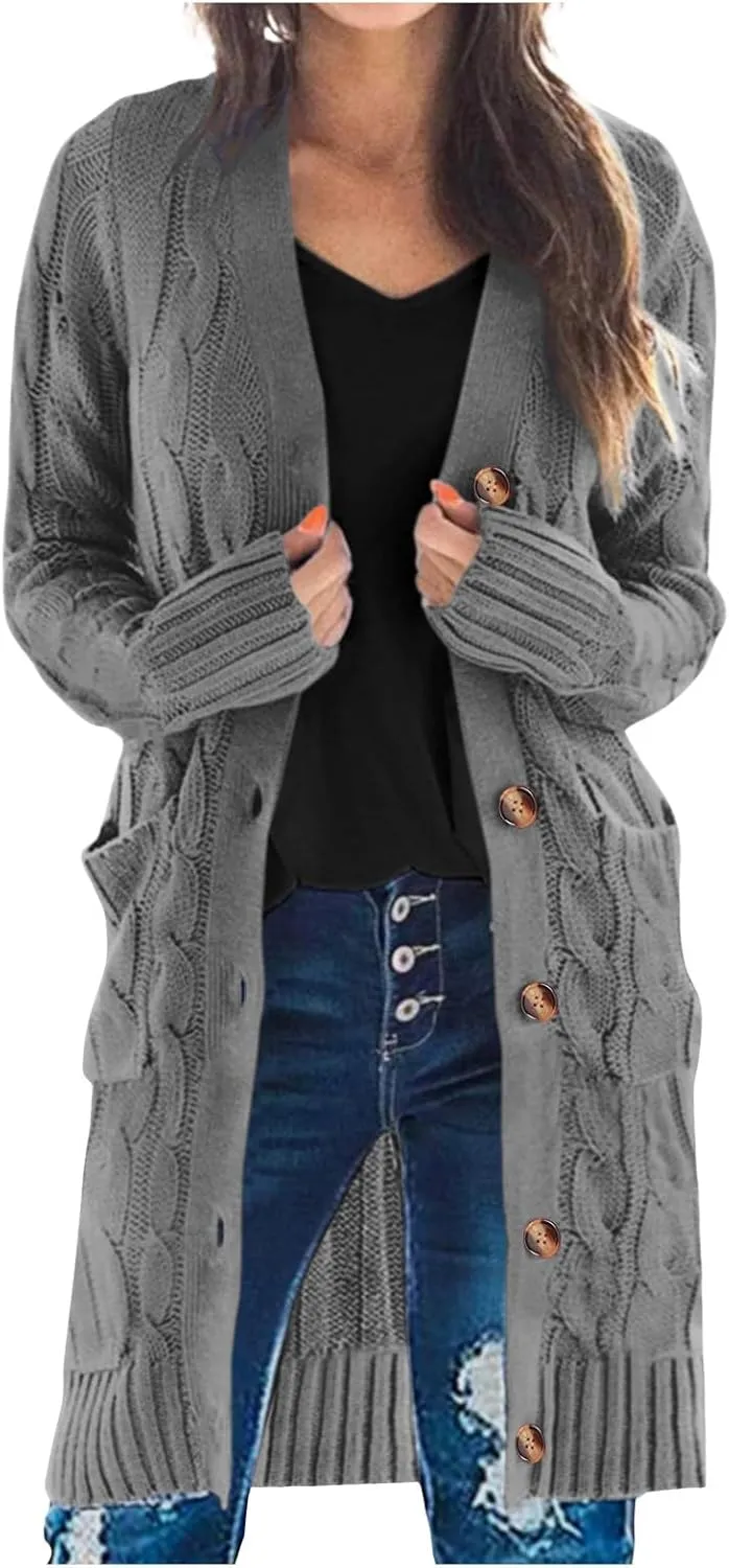 Chunky Knit Long Cardigans for Women Soft Open Front Button Down Sweaters Outerwear Trendy Loose Fall Clothes Coats