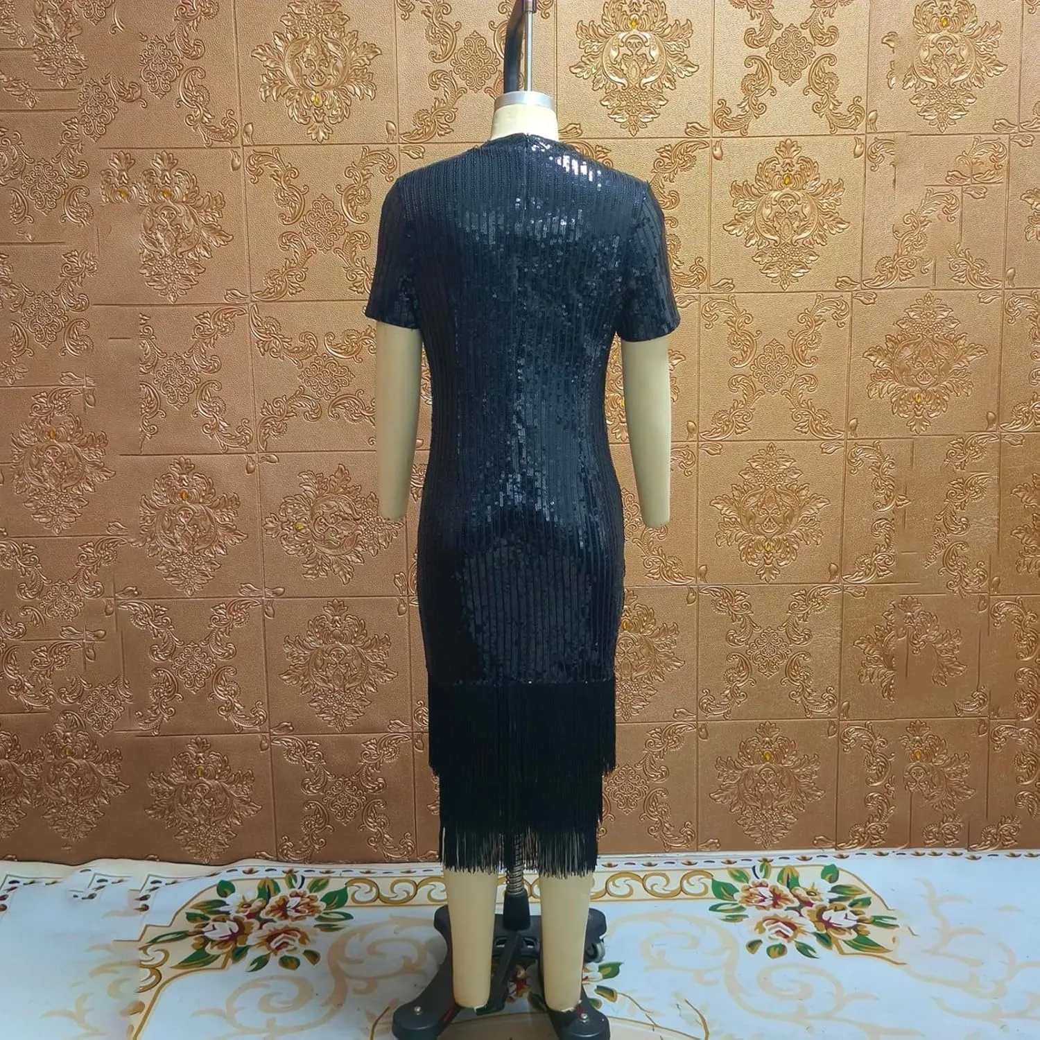 Cololura Elegant Women Sequin Short Sleeve Tassel Bodycon Midi Dress Party Evening Gown Formal Dress